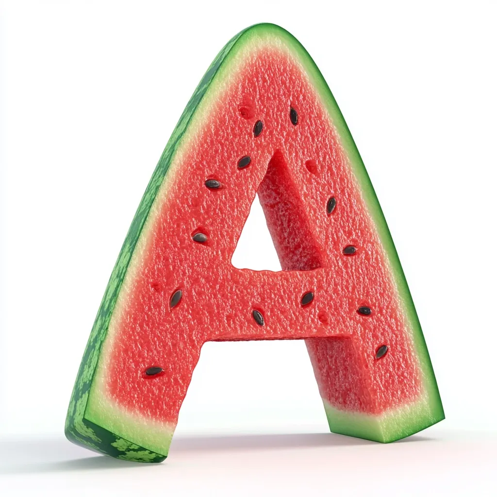 Here's a description of the image:

The image shows a capital letter "A" carved from a slice of watermelon. The watermelon is a vibrant red with dark seeds visible throughout the flesh. The rind is a deep green. The "A" is formed by cutting out the negative space within the shape, leaving a solid watermelon outline. The slice is presented against a bright white background, emphasizing its color and three-dimensional form. The overall effect is a playful and summery representation of the letter.