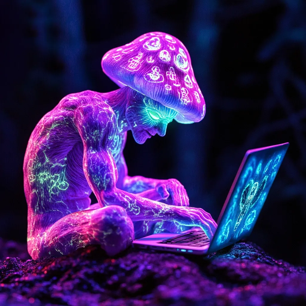 Here's a description of the image:

A vibrant, digitally rendered image depicts a bioluminescent humanoid figure, its head shaped like a mushroom adorned with glowing symbols.  The figure, rendered in shades of purple and green, sits cross-legged on a dark, rocky surface, intently using a glowing laptop.  The laptop's screen displays similar symbols to those on the mushroom-head, suggesting a connection.  The overall aesthetic is surreal and fantastical, evoking themes of technology, nature, and possibly psychedelia.  The dark background enhances the luminescence of the figure and its surroundings.