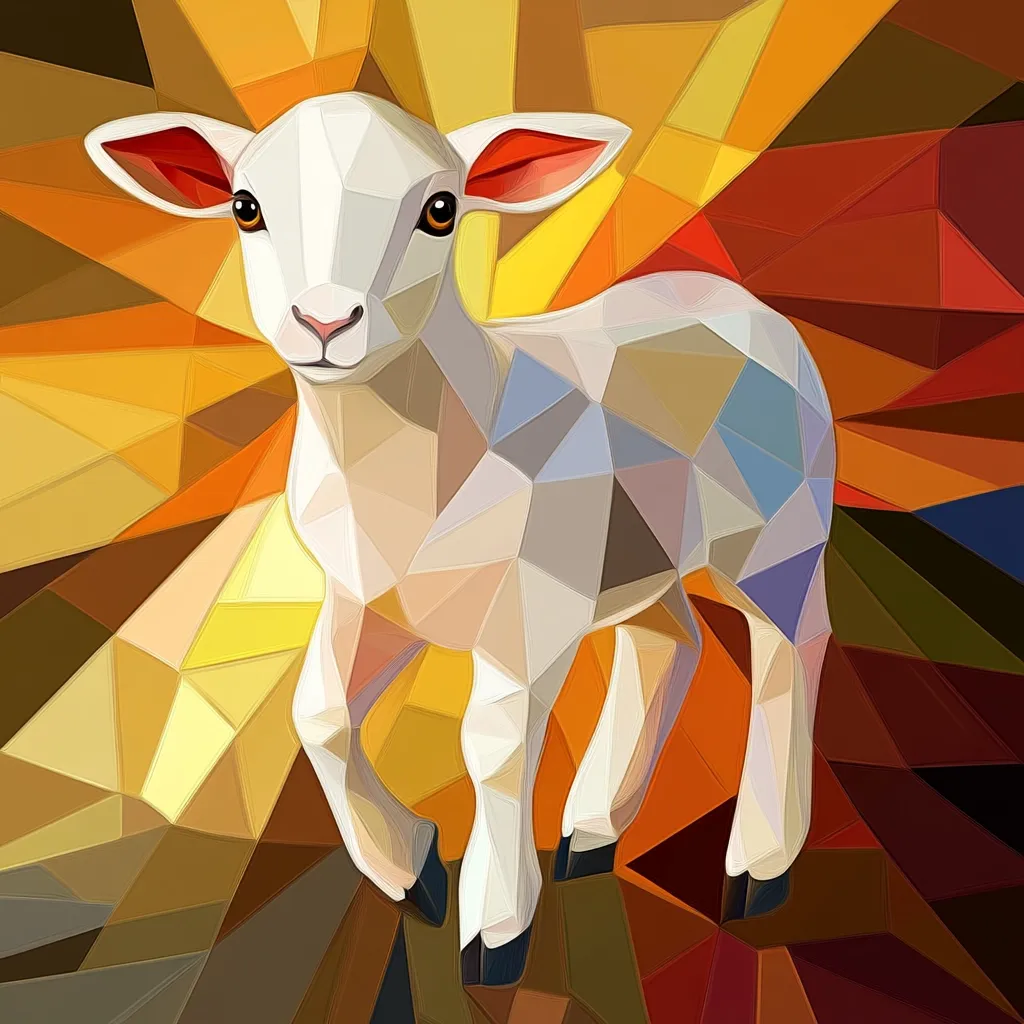 Here's a description of the image:

The image is a stylized artwork depicting a lamb.  Rendered in a low-polygonal style, the lamb is predominantly white, with orange-tinged ears. Its body is composed of numerous small, interconnected triangles, creating a textured, almost mosaic-like effect. The background is an explosion of warm colors—yellows, oranges, and browns—forming a dynamic, abstract pattern that suggests light or warmth radiating outward. The contrast between the crisp lamb and the vibrant, geometric background creates a striking visual effect. The overall style blends realism with abstraction, giving the image a modern and artistic feel.