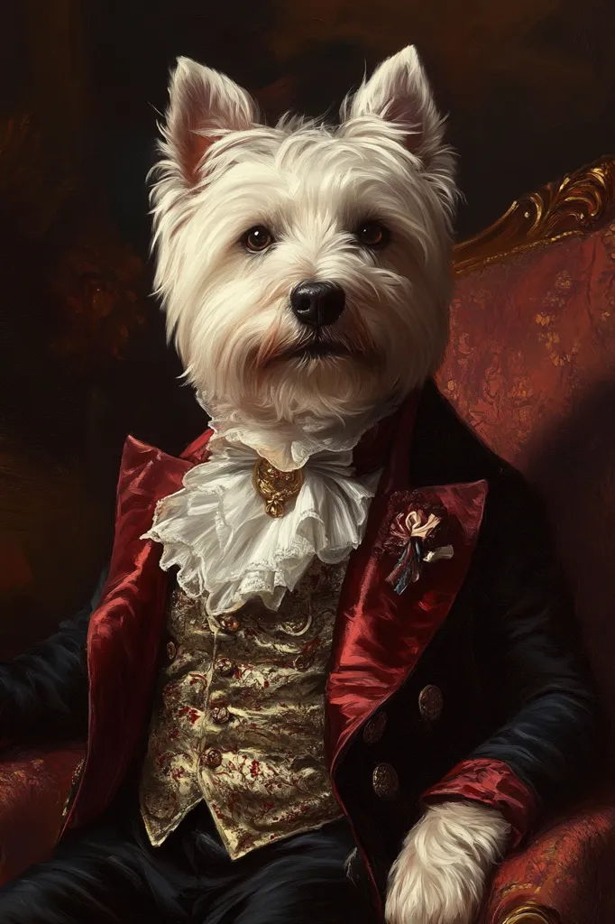 A West Highland White Terrier is depicted in a regal portrait, styled in an 18th-century-inspired outfit.  The dog sits majestically in a plush, burgundy armchair. It wears a dark coat, a cream-colored waistcoat with ornate detailing, a ruffled white lace jabot, and a gold neckpiece.  The painting style is reminiscent of classical portraiture, with rich, dark background tones emphasizing the dog's fluffy white fur and the fine details of its attire. The overall impression is one of elegance and aristocratic charm.