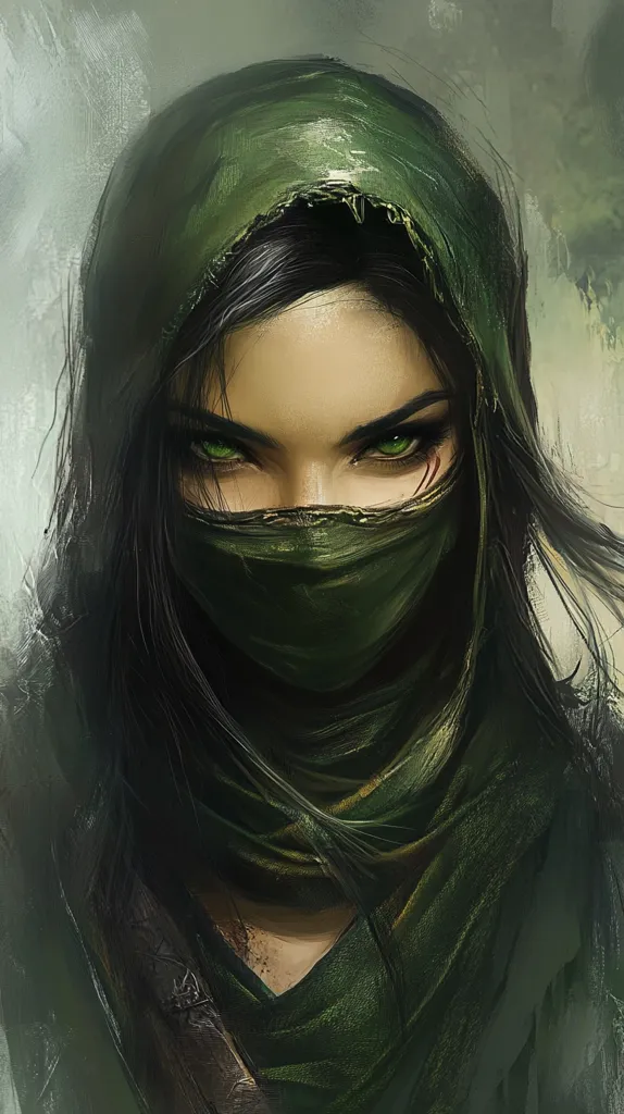 A digital painting depicts a mysterious woman, her face partially obscured by a dark green hood and mask.  Her intense, piercing green eyes are visible, hinting at a fierce or determined nature. Long, dark hair frames her face, and the green attire suggests camouflage or a connection to nature. The style is painterly, with visible brushstrokes contributing to a dramatic and somewhat ominous mood. The background is blurred and muted, focusing attention on the figure's enigmatic expression.