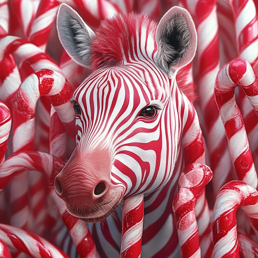 A close-up reveals a zebra's head and shoulders, its stripes vividly painted in red and white, resembling a candy cane.  The zebra's face is gentle, almost smiling. It is surrounded and partially obscured by a dense cluster of large, red and white candy canes, creating a festive and whimsical scene. The image's texture is smooth, with a digitally enhanced, almost surreal quality. The overall effect is a playful juxtaposition of animal and confectionery imagery.