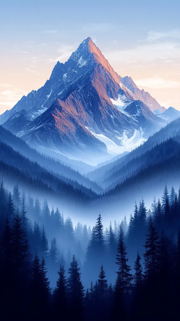 A majestic, snow-capped mountain peak dominates the landscape, its reddish-brown hues contrasting with the cool blues of the surrounding scenery.  Layers of evergreen forest blanket the valleys below, shrouded in a soft, ethereal mist. The scene evokes a sense of serenity and awe, a tranquil wilderness bathed in the soft light of dawn or dusk.  The image's color palette is predominantly cool, with the mountain's warm tones providing a striking focal point.
