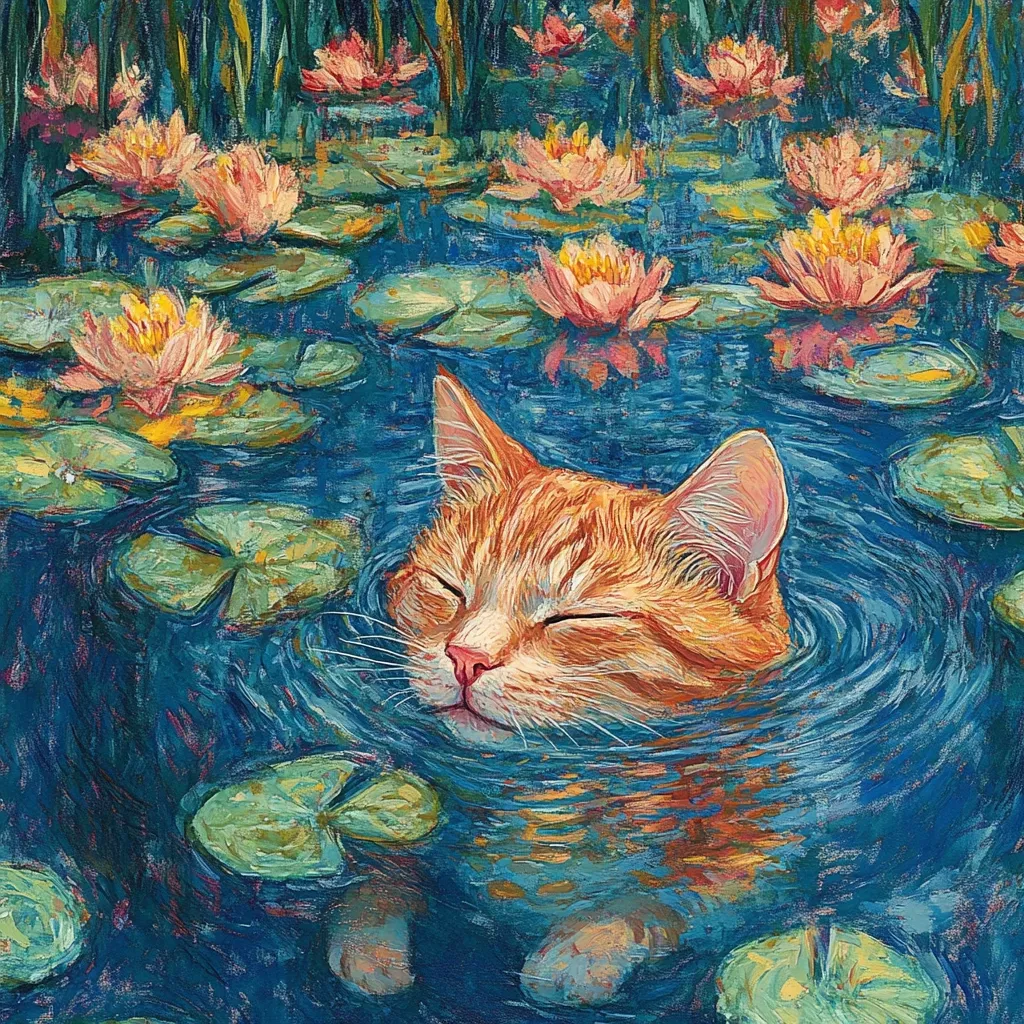 Here's a description of the image:

The painting depicts a serene orange tabby cat partially submerged in a pond filled with vibrant water lilies.  The cat's eyes are closed, suggesting peaceful contentment. The artist employs a painterly style with visible brushstrokes, creating a textured and colorful effect. The water lilies are rendered in various shades of pink, orange, and yellow, contrasting with the deep blues and greens of the water. The overall mood is one of tranquility and beauty, reminiscent of Impressionist or Post-Impressionist styles. The cat's fur is depicted with a warm, almost glowing quality.