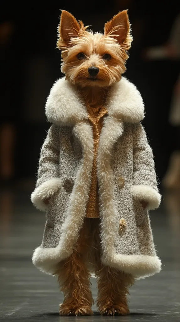 A Yorkshire Terrier stands center frame, dressed in a stylish gray coat with a thick white fur trim.  The coat extends to the dog's paws, creating a chic and slightly oversized look.  The dog's fur is a rich reddish-brown, contrasting beautifully with the light coat. The background is dark and blurred, focusing attention on the canine model.  The overall impression is of high fashion pet attire.