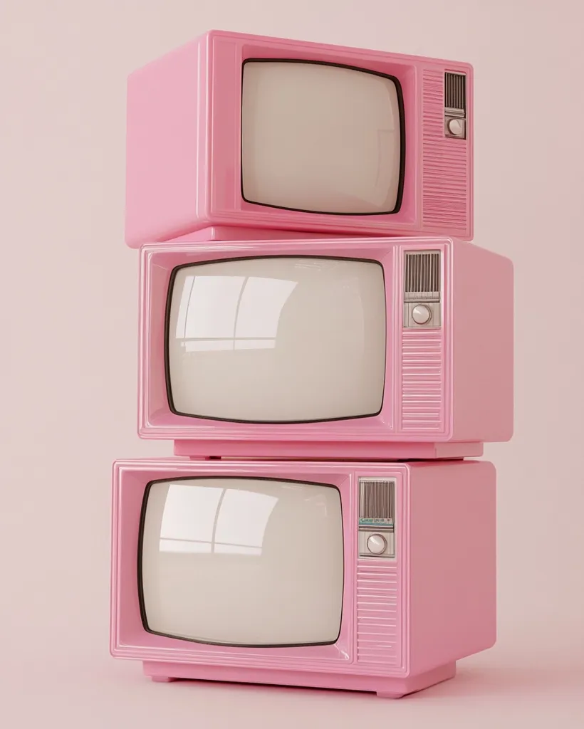 Three vintage, pastel pink televisions are stacked vertically against a pale pink background.  Each television has a small, off-white screen and simple, ribbed detailing on the sides.  The overall aesthetic is retro and minimalist, evoking a sense of 1950s or 1960s nostalgia. The image is clean and sharply focused, with a strong emphasis on the color and form of the televisions.