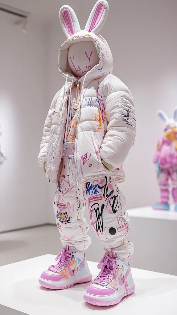 A mannequin, styled as a rabbit with oversized pink ears, wears a white graffiti-printed puffer jacket and matching pants.  The ensemble is completed with pink and white high-top sneakers, also featuring a similar graffiti design. The mannequin is positioned on a white platform against a minimalist background. Other, less detailed, similarly styled mannequins are visible in the background. The overall aesthetic is playful and modern.
