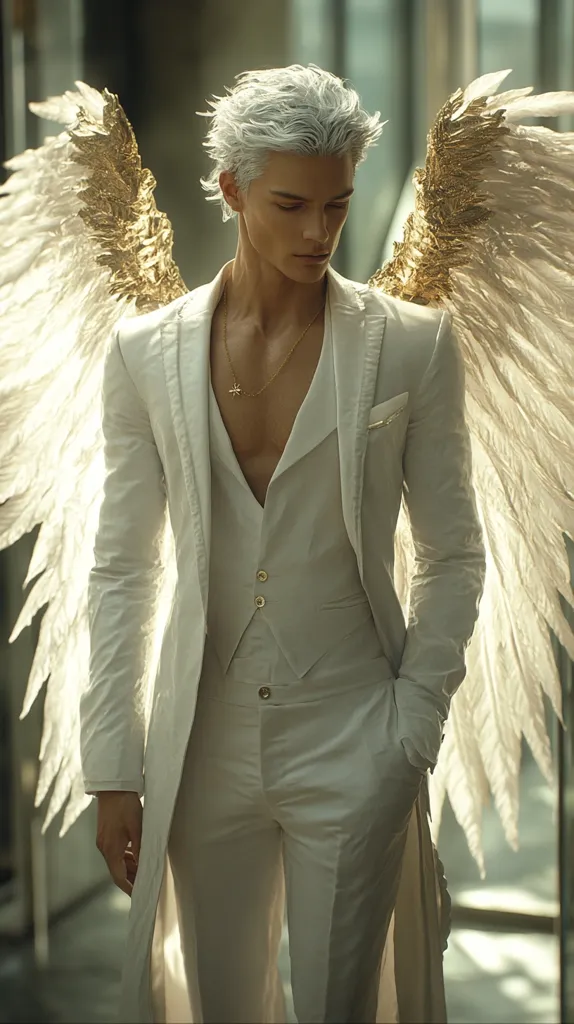 A young man with short, white hair is depicted wearing a pristine white suit and vest.  Large, feathered wings, gold-tipped and ethereal, sprout from his back. His expression is serious, almost melancholic, and he carries a delicate gold necklace. The setting appears modern, possibly an indoor space with glass walls, creating a striking contrast between the angelic attire and the urban backdrop. The overall image is dramatic and visually arresting.