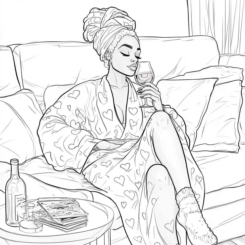 Here's a description of the image:

The line drawing depicts a Black woman relaxing on a couch. She's wearing a heart-patterned robe and has her hair styled in a head wrap.  She holds a wine glass, appearing serene and content.  A side table beside the couch holds a bottle of wine, glasses, and a stack of magazines. The overall style is elegant and suggests a moment of peaceful self-care.  The setting appears to be a comfortable living room, with pillows and curtains subtly indicated in the background.  The image is suitable for coloring.