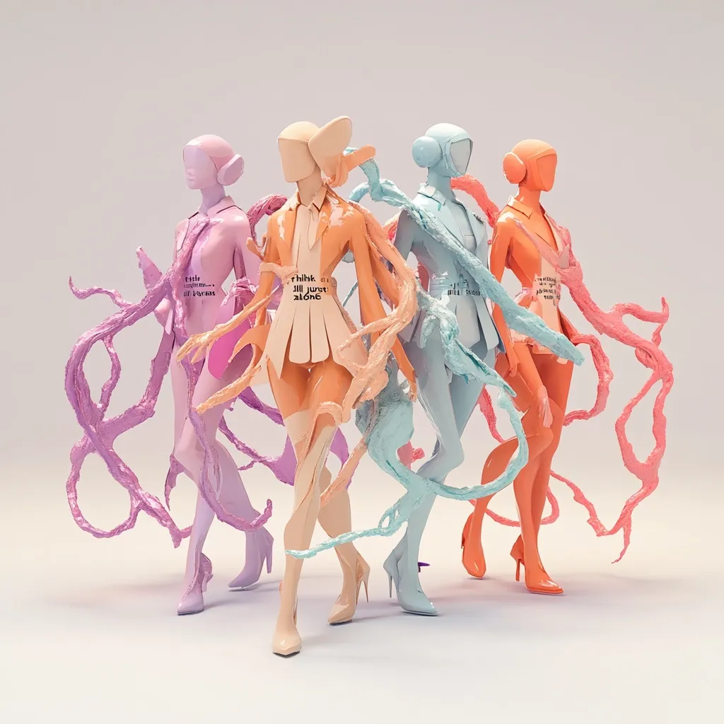Here's a description of the image:

The image showcases four stylized female figures, each rendered in a pastel color – lavender, peach, light blue, and coral.  They are posed in a walking motion, their bodies appearing sculpted and almost fluid, with flowing, organic pastel tendrils extending from their attire.  The figures wear futuristic, minimalist clothing featuring text on the waistbands. The overall aesthetic is one of soft, surreal elegance, blending futuristic fashion with organic forms. The background is a simple, light grey, allowing the vibrant figures to stand out.