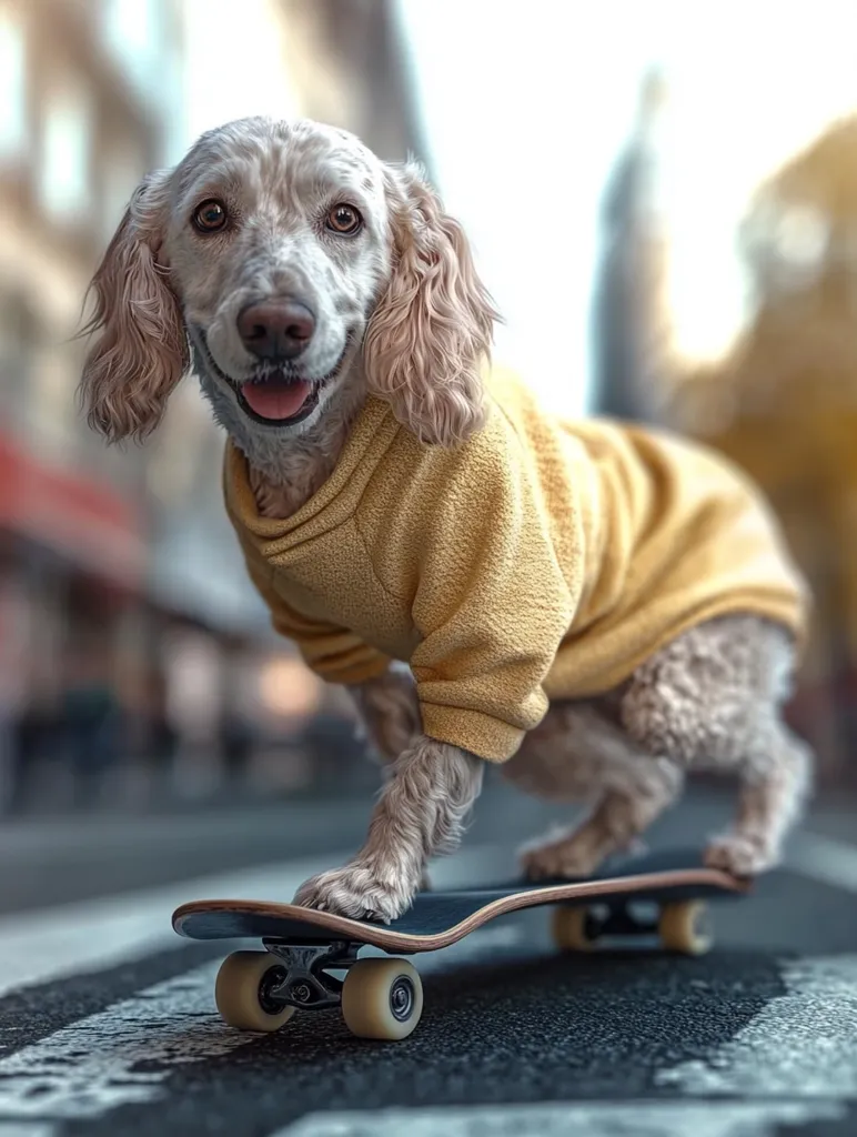 A fluffy, light-colored dog, wearing a mustard-yellow sweater, sits on a skateboard.  The dog has long, wavy fur and looks directly at the camera with a happy expression.  The background is blurred, suggesting a city street. The overall image is cheerful and playful, capturing a whimsical moment of a dog seemingly enjoying skateboarding.