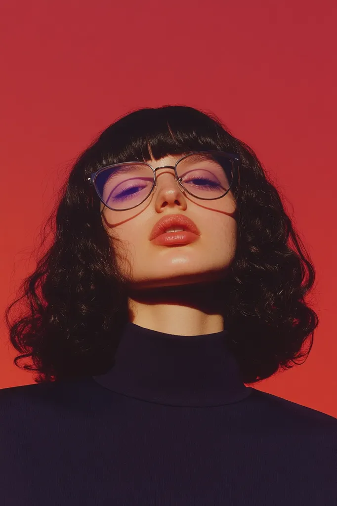 Here's a description of the image:

Close-up portrait of a young woman with dark, curly shoulder-length hair and blunt bangs. She's wearing dark, possibly tortoiseshell, cat-eye glasses with purplish lenses and a dark turtleneck sweater. Her expression is serious, almost sultry, with her lips slightly parted. The backdrop is a vibrant, solid red, which contrasts with her dark clothing and hair, creating a striking visual effect. The lighting is dramatic, highlighting her features and creating shadows. The overall aesthetic is modern and fashion-forward.