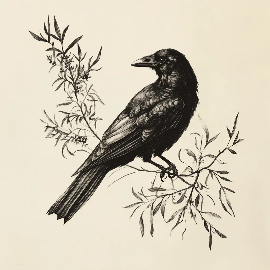 Here's a description of the image:

The image is a detailed black and white drawing of a crow perched on a branch of a flowering plant. The crow is depicted in a realistic style, with meticulous attention paid to its feathers and posture. Its dark plumage contrasts sharply against the lighter background, creating a striking visual effect. The plant features delicate leaves and small blossoms, adding a touch of natural beauty to the composition. The overall style suggests a blend of realism and artistic interpretation, resulting in a piece that is both scientifically accurate and aesthetically pleasing. The monochromatic palette enhances the mood, lending a sense of elegance and mystery.