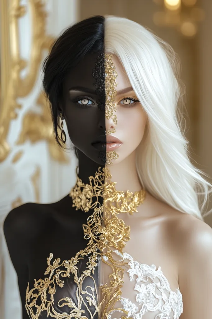 A woman's face is dramatically split in two, one half painted black, the other white, each with striking gold detailing.  Her long hair mirrors the dichotomy; one side jet black, the other platinum blonde.  She wears a gown adorned with gold lace, the design echoing the facial artistry.  The contrast is stark, yet the overall effect is one of elegant, surreal beauty, accentuated by a luxurious setting.