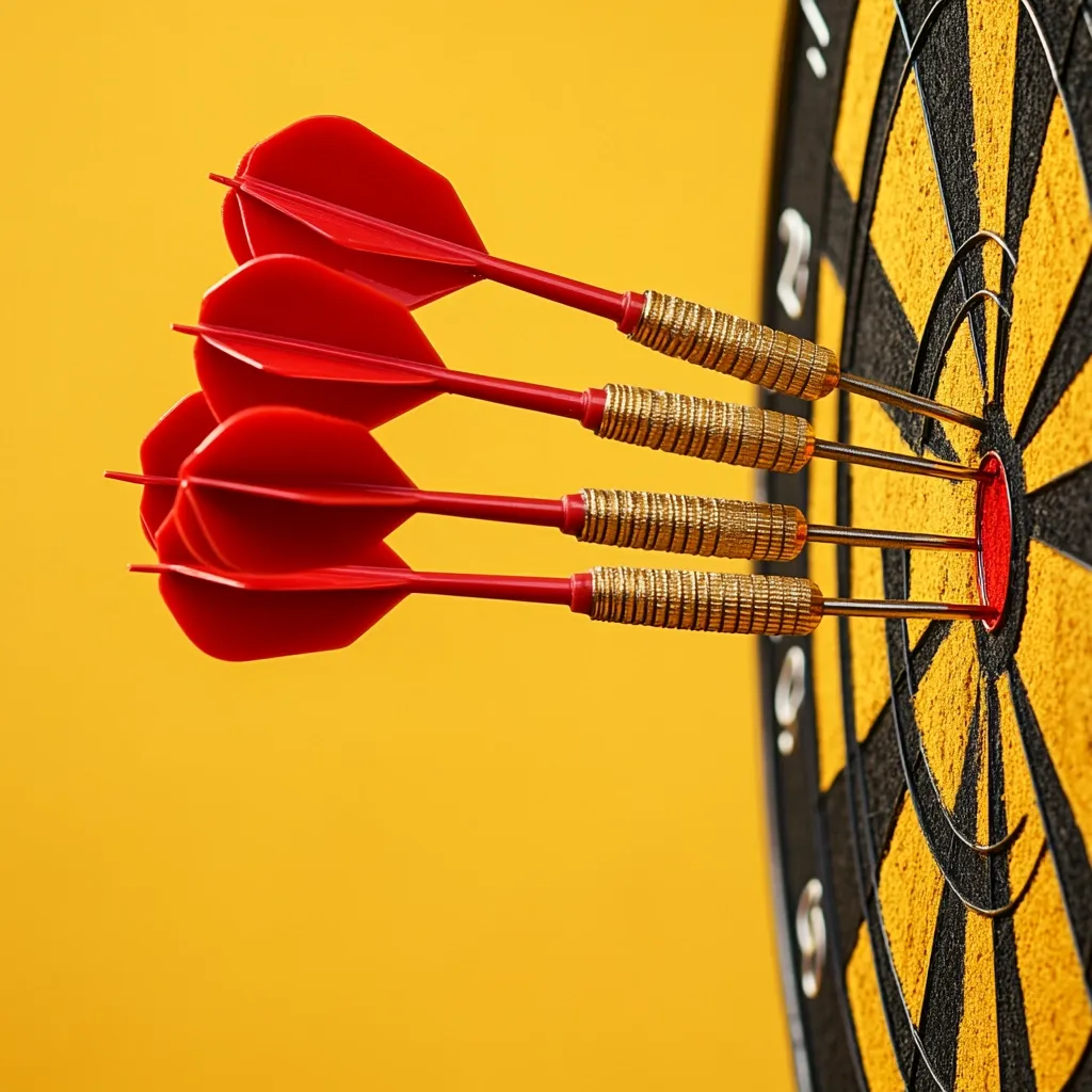 Four red darts with gold barrels are clustered tightly together in the bullseye of a dartboard. The darts are sharply focused, contrasting against a blurry yellow background.  The image suggests precision, accuracy, and the achievement of a goal, possibly symbolizing success or teamwork. The vibrant colors and sharp focus create a visually striking composition.