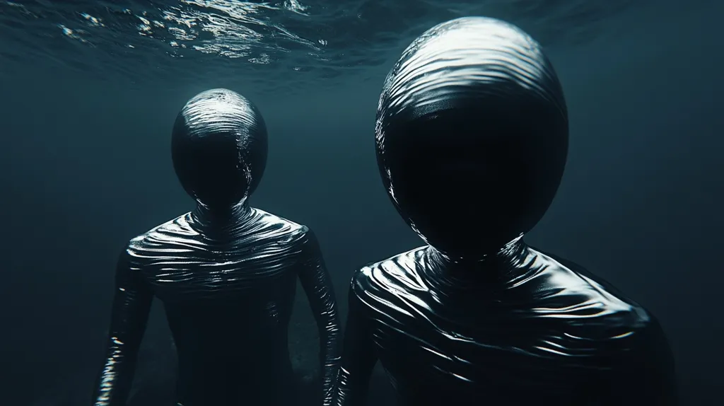 Here's a description of the image:

The image shows two figures submerged underwater.  They appear humanoid but are encased in dark, wet-looking suits with a rippled, almost metallic texture. Their faces are obscured, adding to an air of mystery. The water is dark and murky, with subtle light filtering from above. The overall atmosphere is eerie and suggestive of science fiction, possibly depicting submerged aliens or futuristic divers. The focus is sharpest on the figure in the foreground.