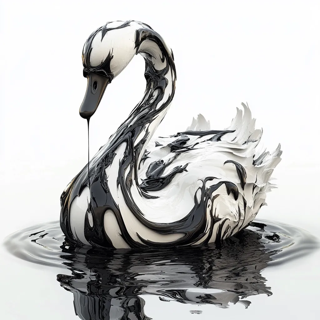 Here's a description of the image:

The image shows a stylized swan sculpted from a mixture of white and black materials, appearing as if sculpted from liquid.  The black substance seems to be dripping from its beak, and the overall effect is of a swirling, marbled pattern. The swan floats on a dark liquid, creating a reflective surface that mirrors the swan's form. The contrast between the black and white is striking, and the fluidity of the materials gives the piece a surreal, almost unsettling quality. The background is plain white, drawing focus entirely to the artistic representation of the swan.