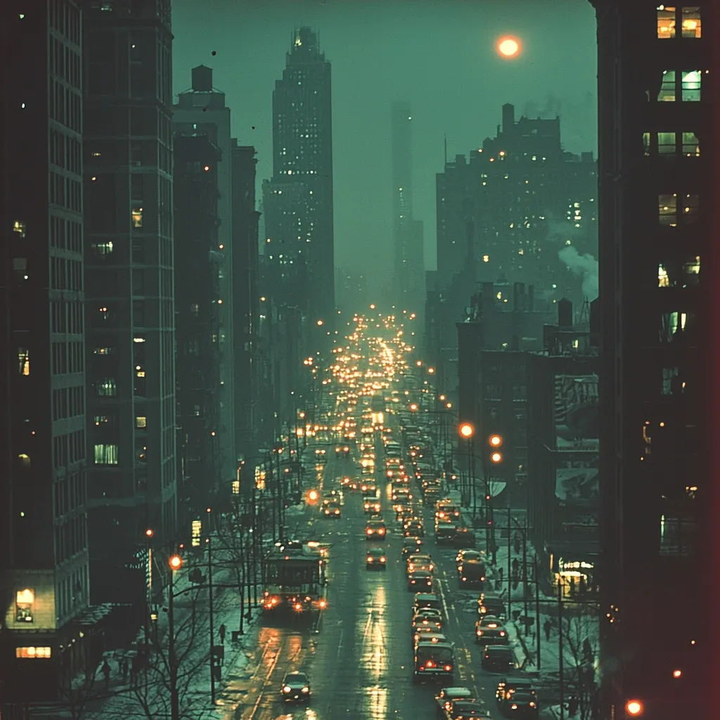 A nighttime cityscape, possibly Chicago, is depicted in a vintage photograph.  Tall buildings line a rain-slicked street, illuminated by streetlights reflecting on the wet pavement.  A stream of cars flows down the avenue, their headlights creating a trail of light.  A full moon hangs in the muted, greenish sky, casting a soft glow on the scene. The overall atmosphere is moody and atmospheric, emphasizing the urban landscape's quiet beauty under the night sky.