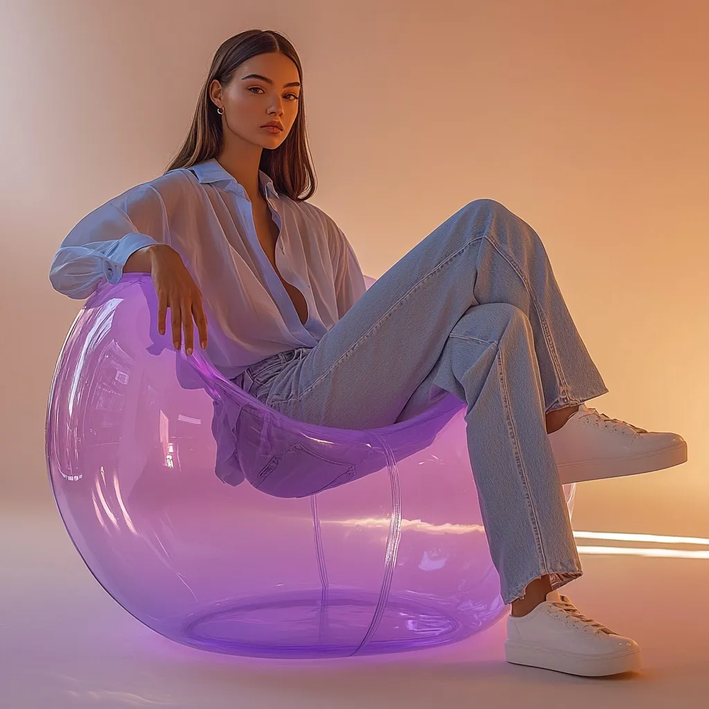 A young woman with long brown hair sits in a translucent, lavender-colored inflatable chair. She's dressed in a light blue, loose-fitting button-down shirt and light blue jeans, paired with white sneakers.  Her pose is relaxed yet stylish, her gaze directed toward the camera. The background is a soft, warm orange hue, creating a visually appealing contrast with the chair and the model's clothing. The overall mood is serene and fashionable.