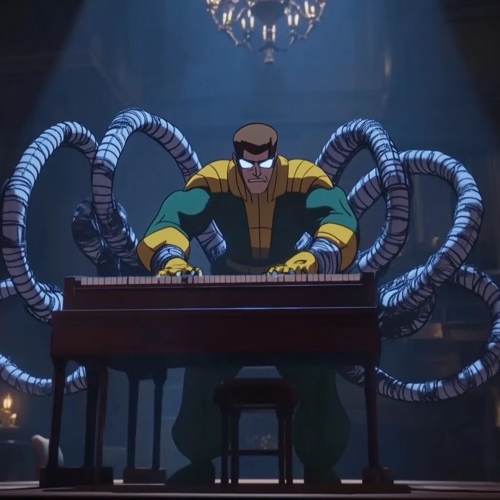Doctor Octopus, rendered in a stylized, cartoonish manner, sits at a grand piano in a dimly lit, opulent room.  His four mechanical tentacles sprawl around him, adding to the dramatic atmosphere. He wears his signature green and yellow costume, his face showing a serious, almost menacing expression. The scene evokes a sense of suspense and foreshadows potential villainy. The overall aesthetic blends elements of animation and live-action.