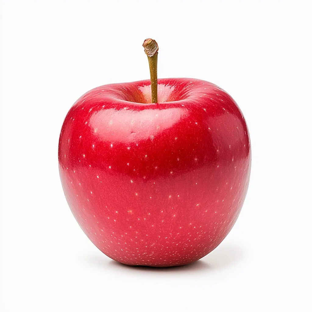 A single, ripe red apple is presented against a stark white background.  Its skin is smooth and glossy, exhibiting a vibrant red hue with subtle speckles. The apple's stem is visible at the top, adding a natural touch. The lighting accentuates the apple's round shape and highlights its polished surface, creating a visually appealing image.  The overall impression is one of freshness and simple elegance.