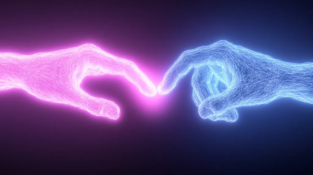 Here's a description of the image:

The image depicts two glowing, ethereal hands reaching towards each other against a dark, purplish-blue background.  The hands are rendered in a wireframe style, with a network of lines creating their forms.  One hand glows with a vibrant pink hue, the other with a cool blue.  Their fingertips nearly touch, creating a bright spot of light where they almost connect, suggesting a moment of connection or interaction. The overall aesthetic is futuristic and slightly mystical.