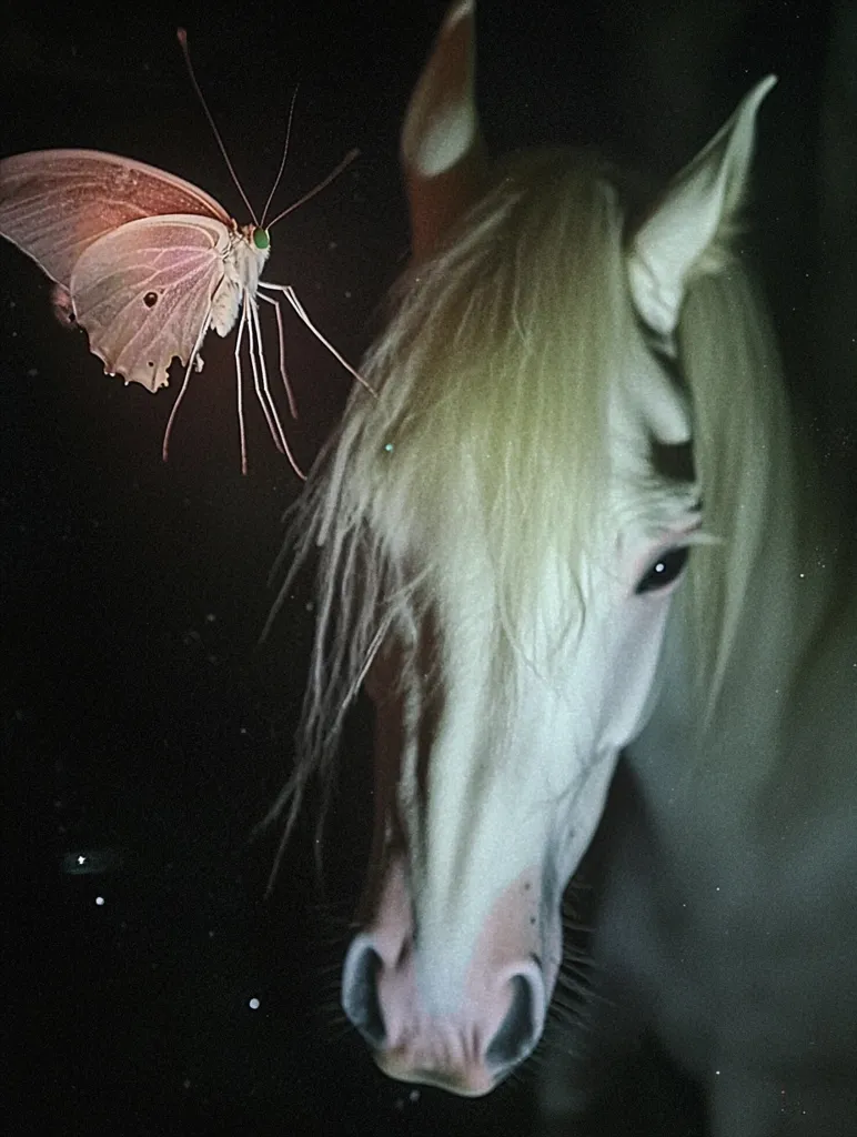 Here's a description of the image:

Close-up view of a pale, almost white horse's head and upper neck against a dark, possibly nighttime, background. The horse's mane is long and flows down around its face. A delicate, pale pink butterfly with long antennae hovers near the horse's head, adding a surreal element to the scene.  The overall mood is serene and slightly mystical, with a soft focus and subtle lighting enhancing the ethereal quality. The background is speckled with small, faint lights that could be stars or dust motes.