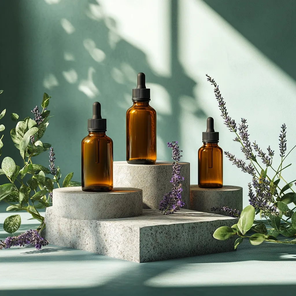 Three amber glass dropper bottles of varying sizes sit on a tiered concrete display.  The bottles are positioned against a muted teal backdrop, bathed in dappled sunlight.  Surrounding the bottles are sprigs of lavender and eucalyptus, adding a natural, spa-like aesthetic to the product presentation.  The overall impression is one of serenity and natural beauty, highlighting the essential oil or serum-like product within the bottles.