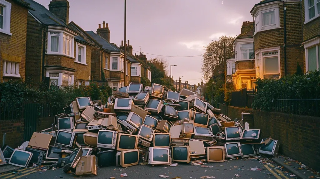 A large pile of discarded televisions and monitors sits in the middle of a residential street, overflowing onto the pavement.  The televisions are various shapes, sizes, and colors, suggesting a range of ages and models.  The street is lined with traditional, brick terraced houses, casting long shadows in the soft, late-day light. The scene suggests a moment of mass electronic waste disposal, creating a juxtaposition of outdated technology against a backdrop of quiet suburban life.