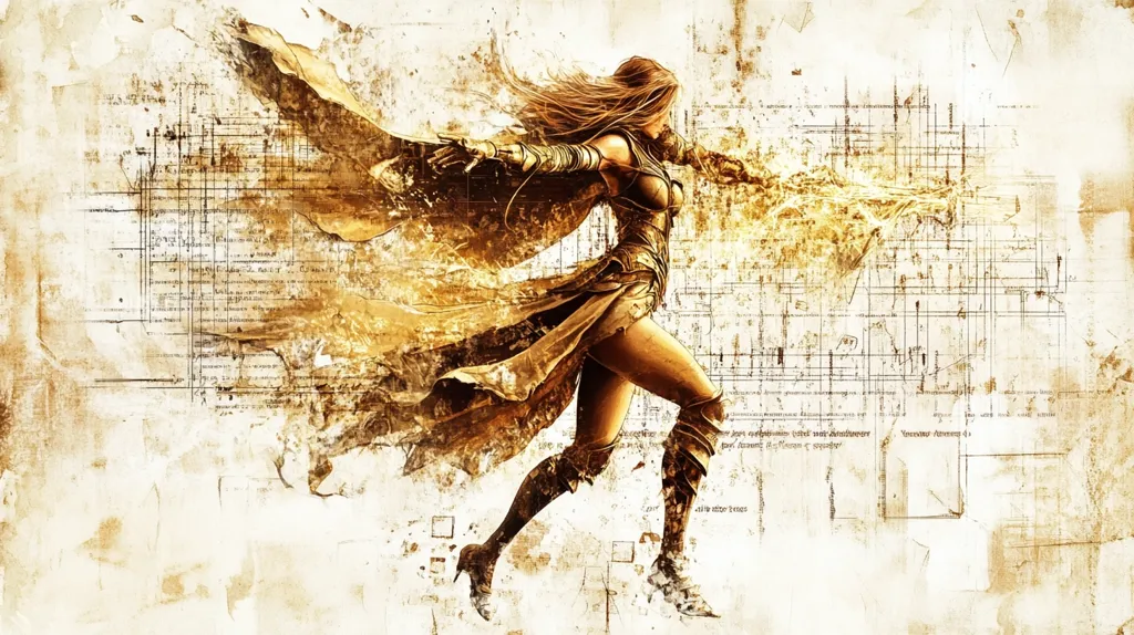 A dynamic illustration depicts a powerful female warrior in motion.  Her flowing, golden robe billows behind her as she strides forward, seemingly wielding magic or energy. The art style blends realism with a distressed, parchment-like background overlaid with faded architectural blueprints or musical notation, suggesting a blend of fantasy and historical elements. The overall color palette is sepia-toned, enhancing the aged and mystical atmosphere.  The warrior's determined expression and powerful pose emphasize her strength and prowess.