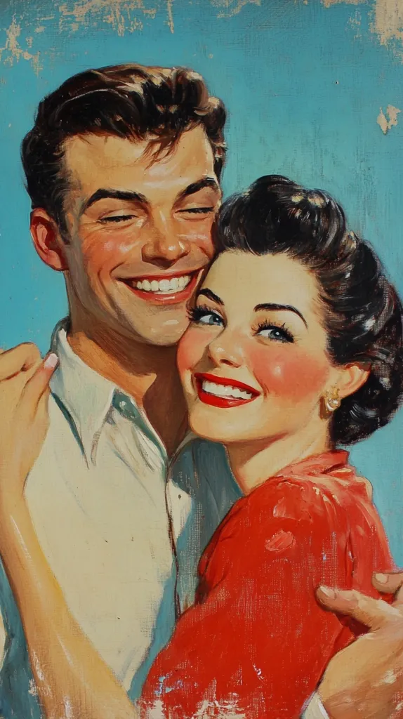 A vintage painting depicts a young couple embracing. The man, with dark hair and a broad smile, wears a light-colored shirt. The woman, with dark, styled hair, is wearing a vibrant red dress. Her smile is radiant, and her arm rests affectionately around the man's neck. His arm is wrapped around her waist, pulling her close. The painting style suggests a mid-20th-century romantic aesthetic, possibly from a magazine cover or advertisement. The background is a light, pastel blue.