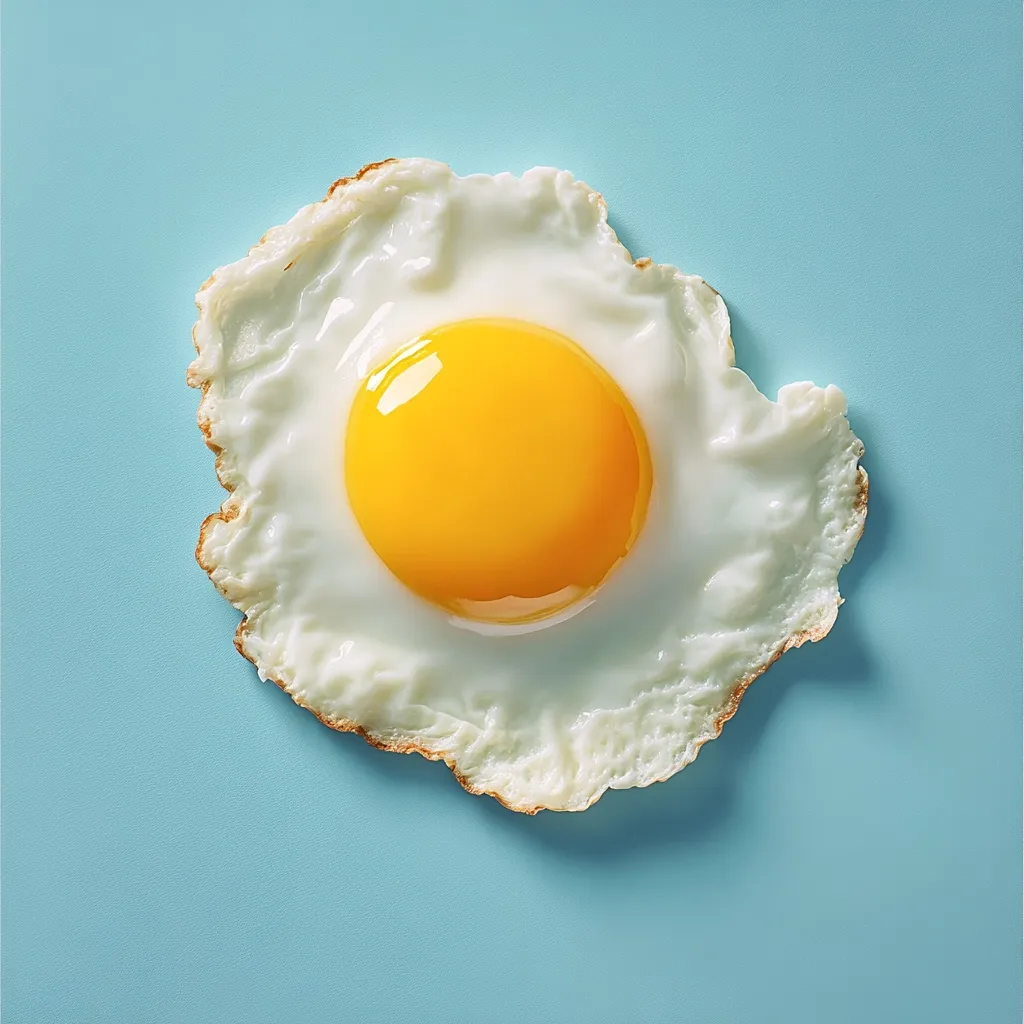 Here's a description of the image:

A single fried egg, sunny-side up, rests on a light blue background. The yolk is a vibrant, rich yellow, perfectly centered within the white. The white of the egg is cooked to a light golden brown, with slightly irregular edges, showing some crispness. The overall presentation is clean and minimalist, with a high contrast between the egg and the background.  The lighting is even, highlighting the texture and color of the egg.