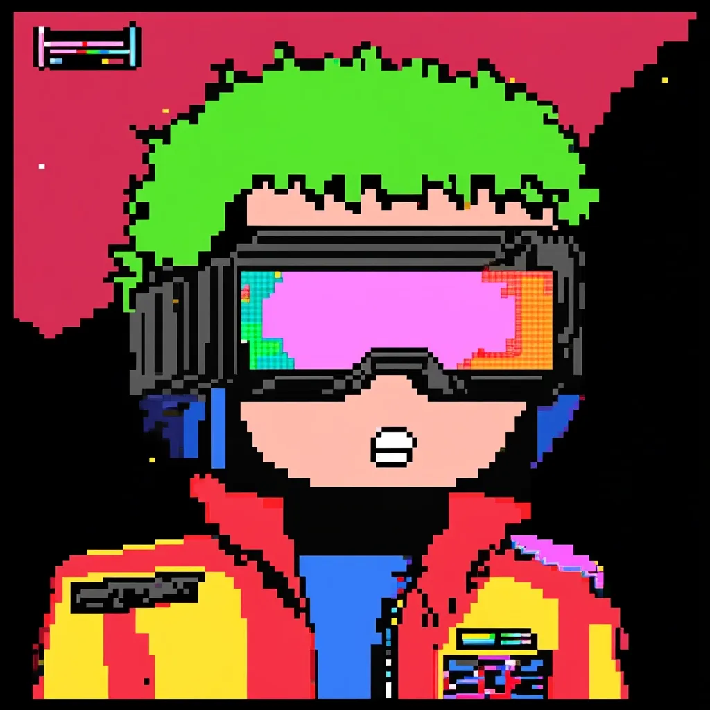 Here's a description of the image:

The image is a pixel art portrait of a stylized character, possibly a futuristic gamer or athlete.  They have bright green, spiky hair, large black goggles with pink and multicolored pixelated displays, and a red and yellow jacket with patches. Their expression is one of slight surprise or awe. The background is a dark red, with scattered pixelated elements suggesting a digital or video game environment. The overall aesthetic is retro, reminiscent of 8-bit video games.  A small, pixelated panel in the upper left corner adds to the retro game feel.