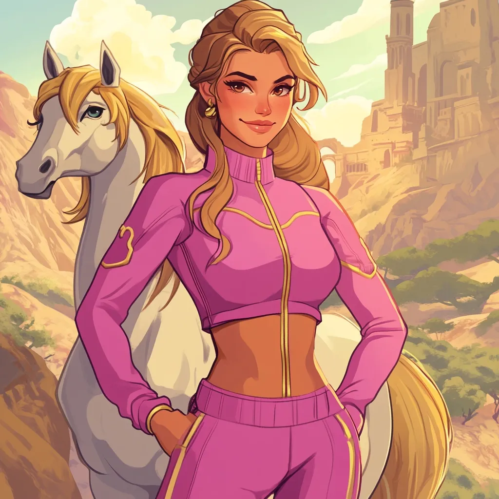 The illustration showcases a young woman with long blonde hair, styled in a ponytail, wearing a pink athletic outfit.  She stands confidently beside a light grey horse, both positioned against a backdrop of a sun-drenched, mountainous landscape featuring ancient-looking ruins. The style is reminiscent of animation, with a focus on bright, saturated colors and clean lines. The woman's expression is pleasant and approachable, her pose suggesting both strength and grace. The overall mood is one of adventure and carefree energy.