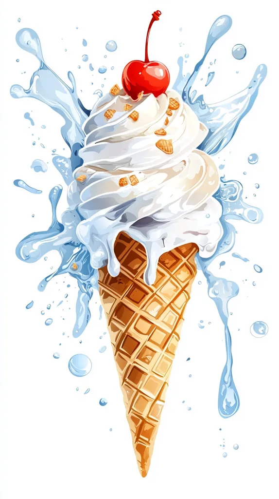 Here's a description of the image:

The illustration showcases a delectable ice cream cone, brimming with creamy vanilla ice cream and adorned with crunchy bits and a vibrant red cherry on top.  The ice cream appears soft-serve, with a generous amount overflowing the cone.  Surrounding the cone is a dynamic splash of cool, light-blue liquid, suggesting a refreshing, perhaps watery, element. The overall style is vibrant and cartoonish, emphasizing the appealing texture and coolness of the treat.  The background is pure white, making the ice cream the focal point.