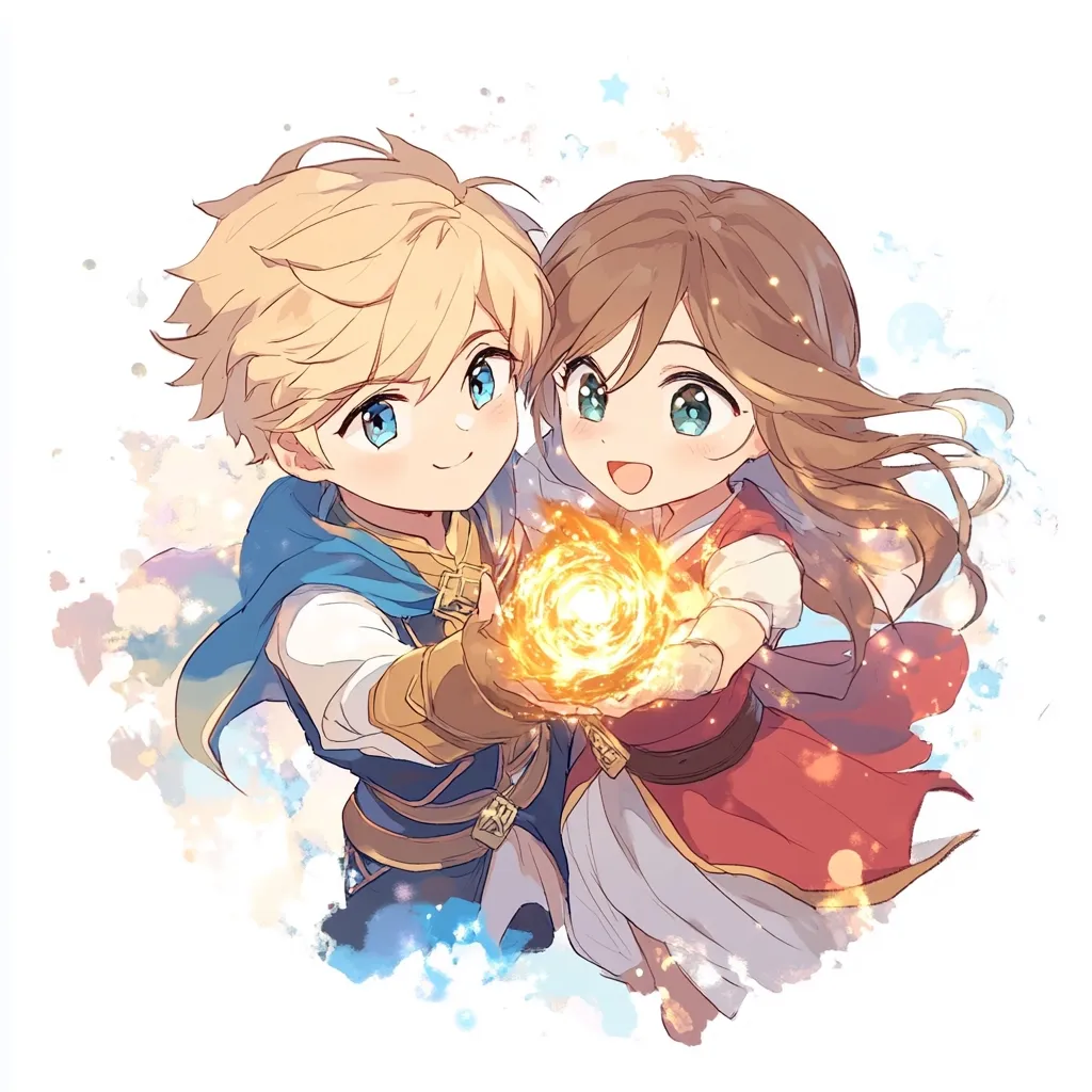 Here's a description of the image:

The illustration showcases two anime-style children, a boy and a girl, who appear to be sharing a glowing, swirling orb of energy between their hands. The boy, with blond hair and blue eyes, wears a blue and gold outfit reminiscent of fantasy attire. The girl, with long brown hair and similarly large blue eyes, is dressed in a red and white dress.  Both children have bright, cheerful expressions. The background is soft and watercolor-like, with pastel colors and subtle sparkles, creating a dreamy and magical atmosphere. The overall style is cute and whimsical, suggesting a scene from a fantasy story or game.