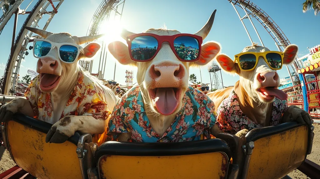 Three cows, wearing sunglasses and Hawaiian shirts, are enjoying a thrilling roller coaster ride at an amusement park.  The vibrant image, captured with a wide-angle lens, shows the cows' tongues sticking out in excitement. The background features a bright sunny day and the park's attractions. The overall mood is one of fun and playful absurdity.