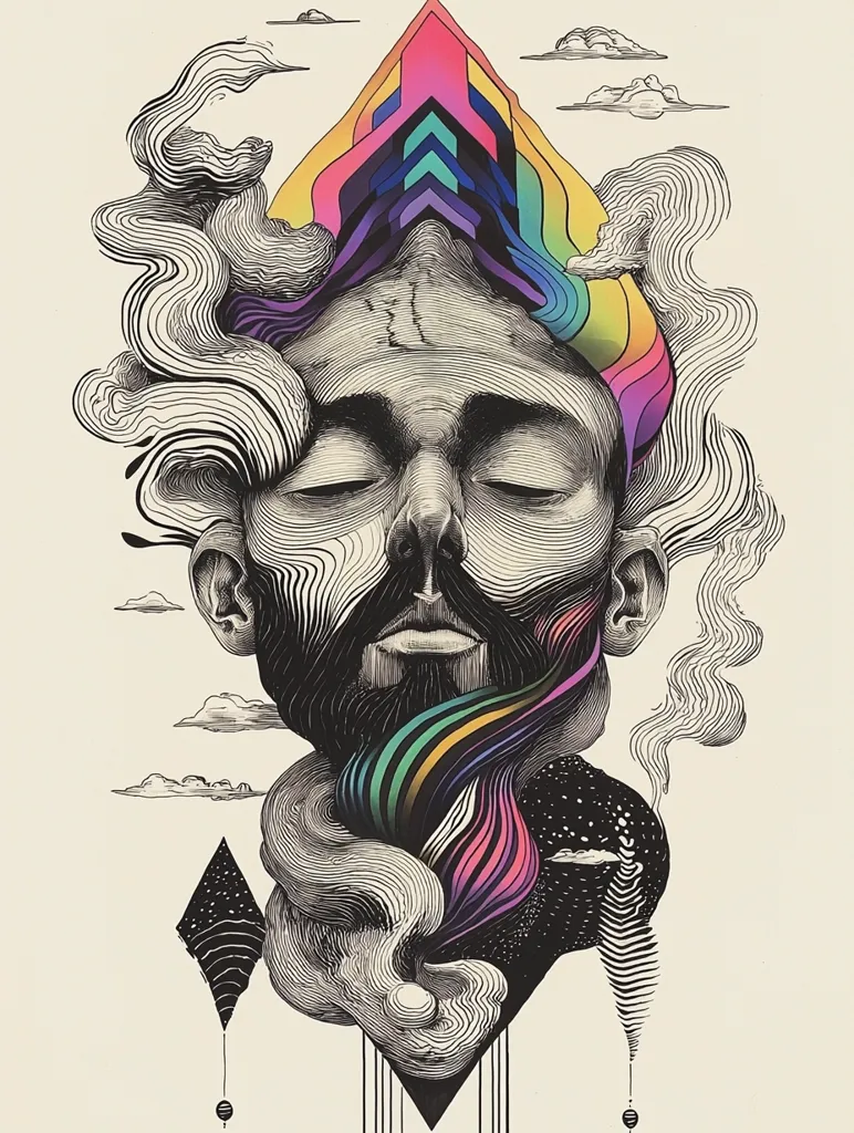 The artwork is a striking monochrome drawing of a man's face, detailed with intricate linework creating a textured effect.  His eyes are closed, suggesting serenity or contemplation.  From his head, vibrant, multicolored, swirling lines emanate, resembling smoke or energy, contrasting sharply with the black and white face.  These colorful streams extend downwards, merging with geometric shapes and abstract designs that complete the piece's surreal and dreamlike aesthetic.  Small clouds float in the background, adding to the ethereal feel.