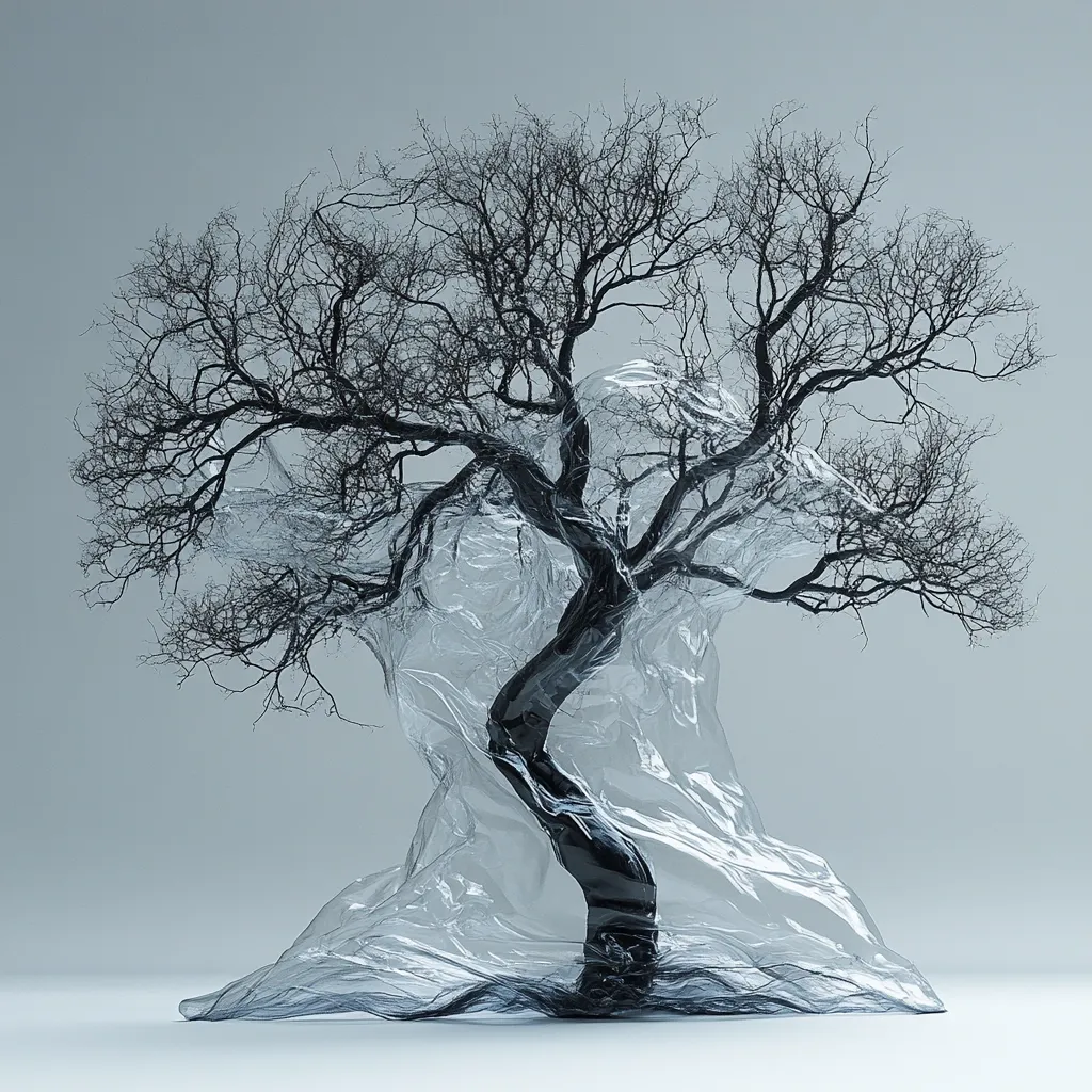 A stark, leafless tree stands enveloped in a translucent, plastic-like material.  The contrast between the dark, skeletal branches and the clear, flowing plastic creates a striking visual. The image suggests themes of environmental pollution and the suffocation or entanglement of nature by human-made waste. The overall aesthetic is minimalist and somber, conveying a message about the fragility of the environment.