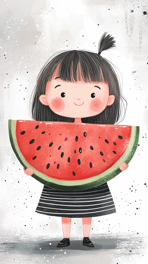 Here's a description of the image:

An illustration depicts a cute girl with dark hair tied in a small ponytail, holding a large slice of watermelon in front of her.  Her cheeks are rosy, and she has a sweet expression. She's wearing a black and white striped dress and black shoes. The style is simplistic and childlike, with soft colors and a textured background that suggests a watercolor or painted effect.  The overall mood is cheerful and summery.