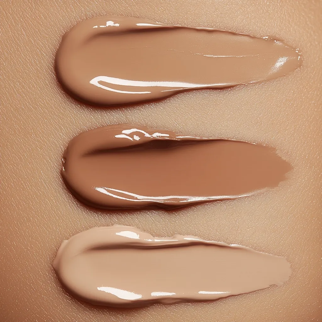 Three swatches of liquid foundation are displayed on a beige surface.  The top swatch is the darkest, a medium-brown shade.  The middle swatch is a slightly lighter, medium-toned brown. The bottom swatch is the lightest, a beige or light tan.  Each swatch is a smooth, slightly glossy smear, showcasing the texture and color of the makeup. The background is a neutral, subtly textured tone that allows the foundation colors to stand out.
