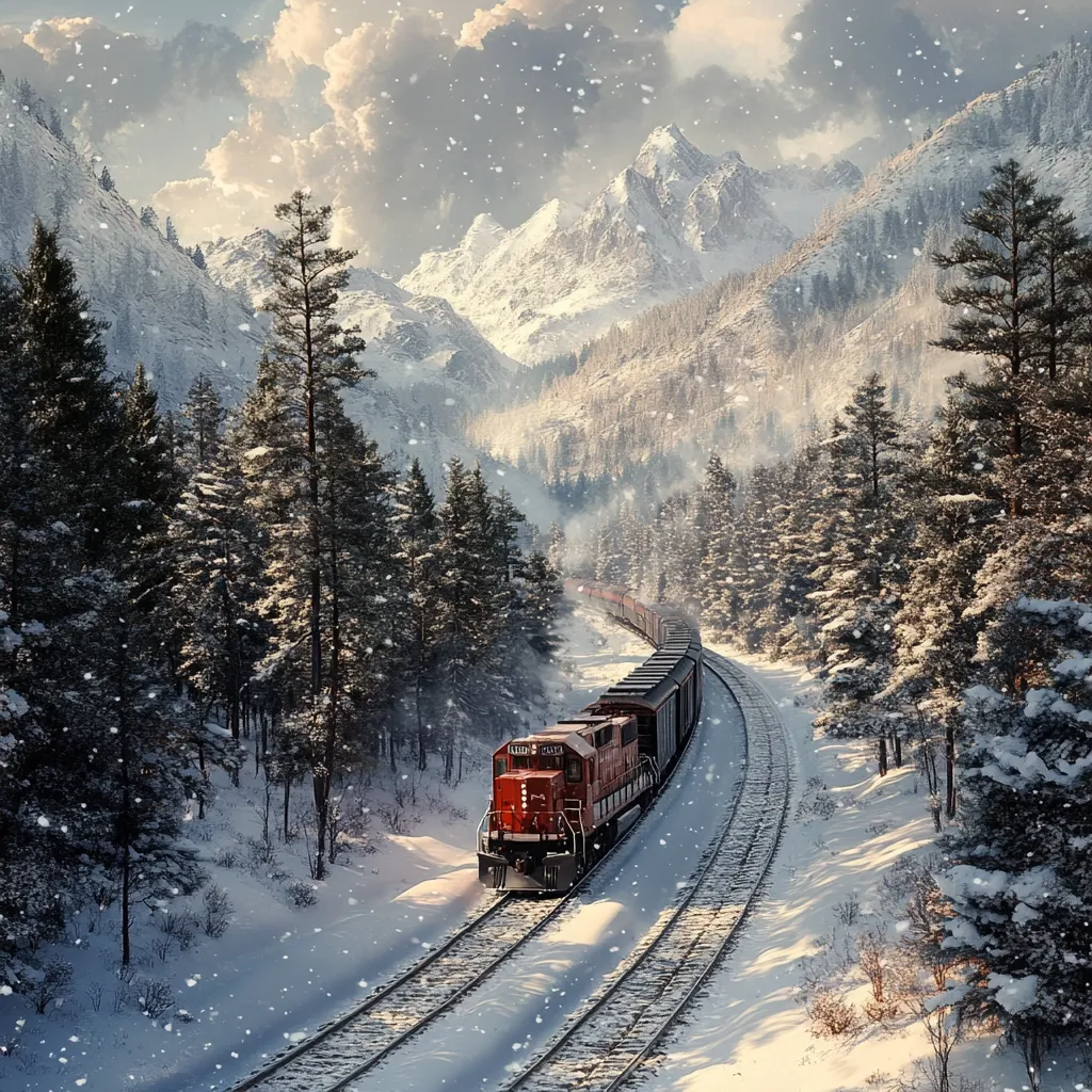 A red freight train winds through a snow-covered mountain pass.  Tall evergreen trees line the railway tracks, their branches laden with snow.  The mountains in the background are majestic and snow-capped, under a sky filled with light clouds and falling snow.  The scene evokes a sense of peaceful winter solitude and the beauty of a remote, snowy landscape. The train's journey through this serene environment creates a captivating winter wonderland image.
