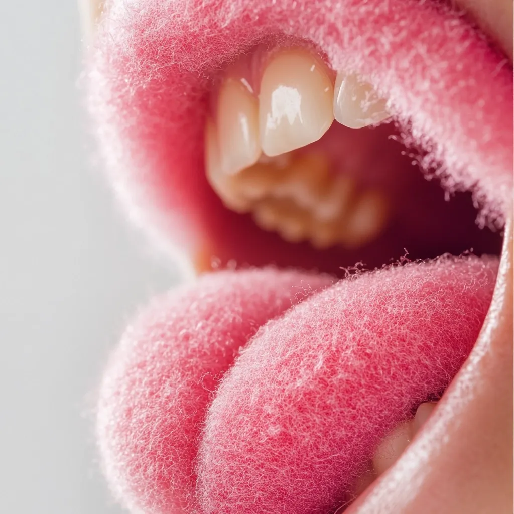 Here's a description of the image:

Close-up view of a mouth with a tongue and lips that appear to be covered in a fuzzy, pink substance. The texture is highly emphasized, giving a soft, almost plush look to the lips and tongue.  The teeth are visible, showing a natural, slightly yellowed tone, contrasting with the vibrant pink of the overlaying material. The overall image is highly saturated and focuses on the unusual textural detail. The background is blurred, drawing all attention to the mouth itself.