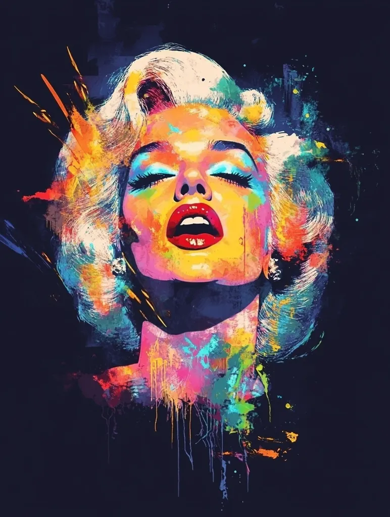 Here's a description of the image:

The image is a vibrant, stylized portrait of Marilyn Monroe rendered in a bold, expressionistic style.  Her iconic platinum blonde hair is depicted with dynamic brushstrokes, while her face is a riot of color, predominantly yellows, pinks, and blues.  The colors are applied in a manner suggesting splatters and drips, creating a sense of movement and energy.  Her eyes are closed, her lips slightly parted in a sensual expression. The dark background further emphasizes the colorful intensity of the portrait, making it a striking and modern interpretation of the classic Hollywood star.