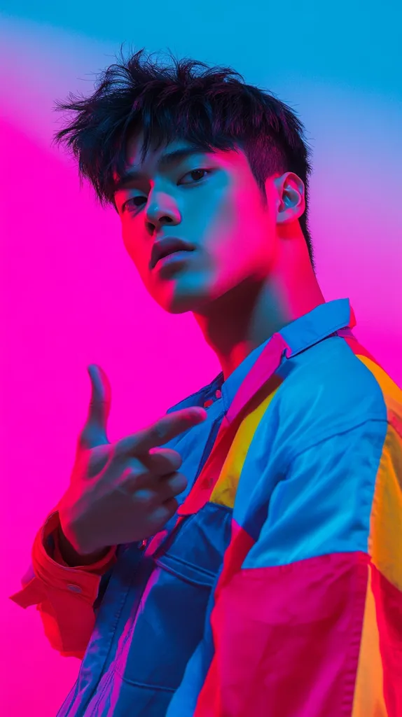 Here's a description of the image:

Close-up portrait of a young man with dark, styled hair. He's dressed in a vibrant, multicolored jacket featuring blue, pink, and yellow panels.  The jacket has a slightly oversized fit.  The background is a gradient of pink and blue, creating a neon effect that accentuates the bold colors of his clothing. The man is looking directly at the camera, with one hand gesturing towards himself. The overall mood is energetic and stylish, with a strong emphasis on color and youth. The lighting is dramatic and highlights the subject’s features.