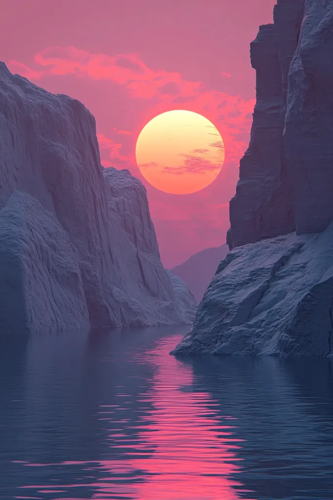 Here is a description of the image:

A digital rendering depicts a serene, otherworldly landscape.  A large, vibrant orange and pink sun dominates the sky, casting a warm glow on a calm, dark-blue body of water nestled between towering, pale-grey, almost icy-looking cliffs.  The cliffs rise sharply from the water, creating a narrow channel. The water reflects the sunset's intense color, creating a striking contrast between the cool tones of the rock and the warm hues of the sky and its reflection. The overall atmosphere is peaceful and somewhat surreal.