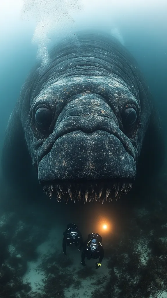 Here's a description of the image:

The image is an underwater shot featuring a colossal, dark-grey creature, possibly a digitally altered sea mammal, filling most of the frame.  Its massive head and gaping maw with rows of sharp teeth dominate the foreground. Two scuba divers, dwarfed by the creature's size, are visible below, their diving lights casting a faint glow in the murky water.  The overall ambiance is dark and slightly ominous, emphasizing the creature's immense scale and creating a sense of awe and slight fear.  The background shows a dimly lit, sandy seabed.