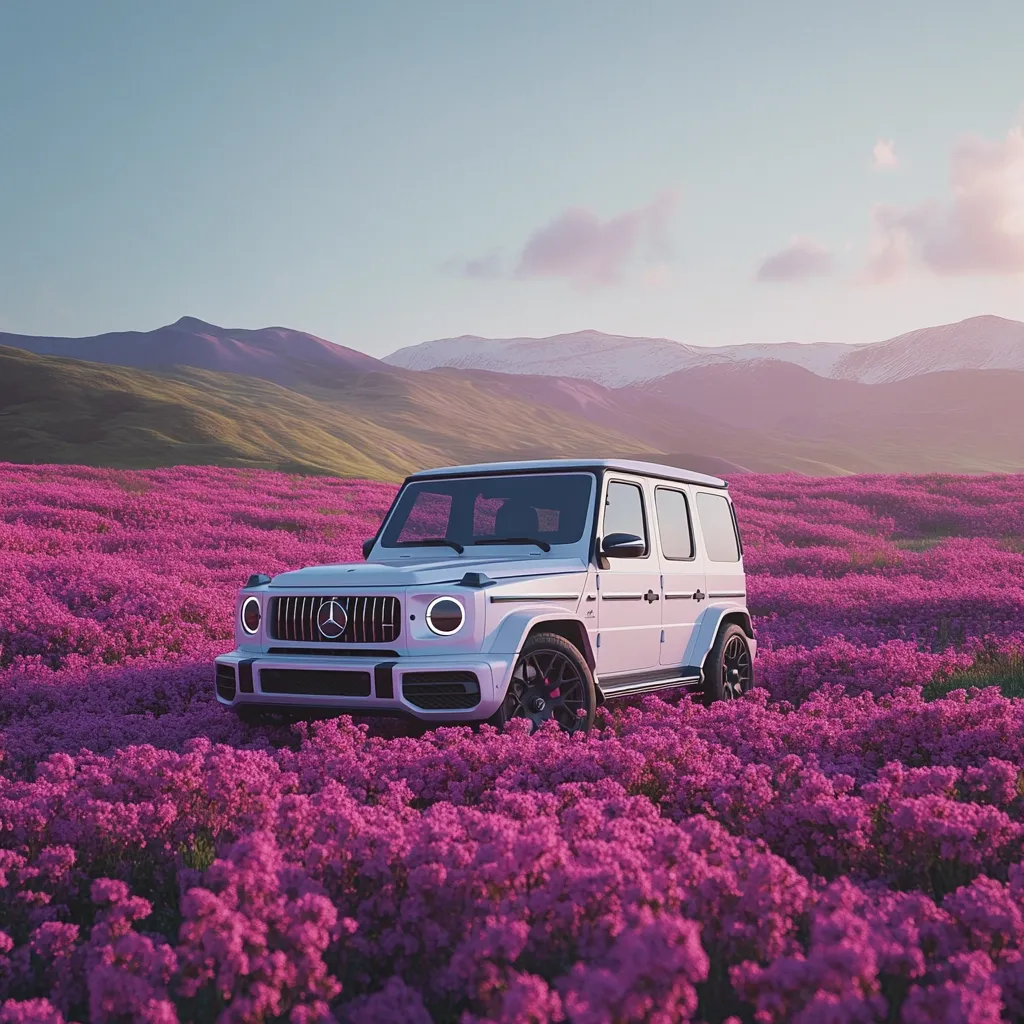A light gray Mercedes-Benz G-Class SUV sits in a field of vibrant purple flowers.  The rolling hills of a mountainous landscape form a picturesque backdrop under a soft, sunset sky. The scene is serene and idyllic, suggesting a sense of peace and adventure. The contrast between the sleek vehicle and the natural beauty of the flowers creates a visually striking image.