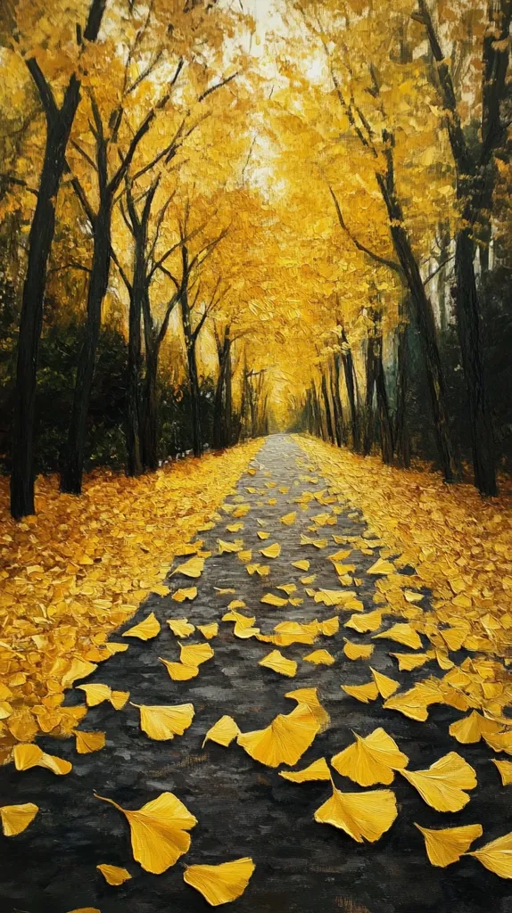 Here is a description of the image:

The painting depicts a pathway lined with trees in vibrant autumnal colors.  The trees are a rich golden yellow, their leaves covering the ground in a thick carpet. The path itself is dark, contrasting sharply with the bright foliage.  Scattered golden ginkgo leaves drift across the path, creating a sense of movement and tranquility.  The overall effect is one of serene beauty and the quiet vibrancy of autumn. The style suggests an impasto technique, with visible brushstrokes adding texture.