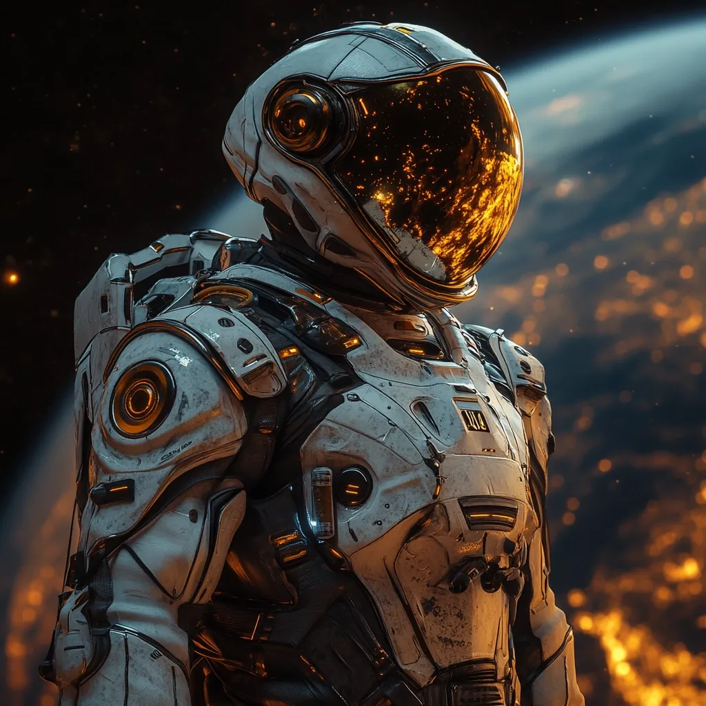 Here's a description of the image:

The image showcases a detailed close-up of a futuristic astronaut in a weathered, off-white spacesuit. The suit is adorned with gold accents and various technological components, suggesting advanced design and wear from space travel. The helmet's visor reflects a fiery, city-lit Earth, visible in the blurred background, enhancing the sense of scale and adventure. The overall aesthetic is a blend of realism and sci-fi, with a focus on the textures and details of the spacesuit and the dramatic backdrop. The astronaut appears poised and contemplative, facing slightly away from the camera.